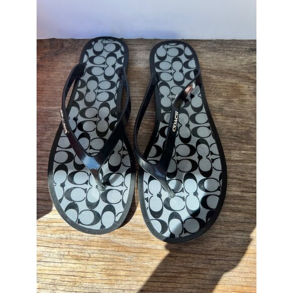 Coach LYRA Women's Black Jelly Embellished Signature Thong Sandals Flip Flops 8M - Picture 1 of 9
